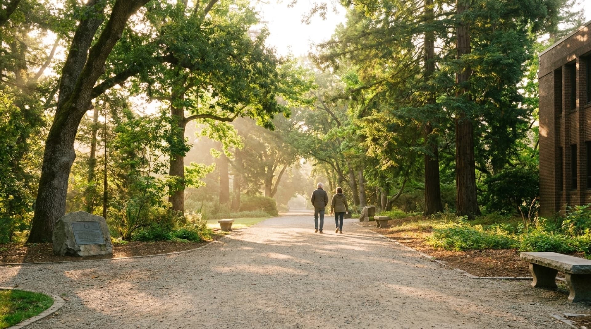 A gravel path through a sunlit arboretum, two people walking side by side in conversation